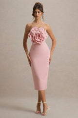 Phina | Pale Pink Bodycon Midi Dress With Large Floral Corsages