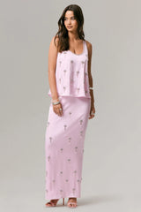 Lena | Pink Satin Embellished Maxi Skirt