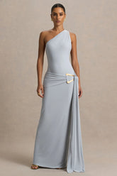 Bonnie | Blue Asymmetric-Neck Maxi Dress With Ruched-Detailing