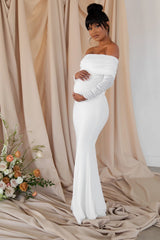 Pretty Perfect | White Maternity Ruched Mesh Bardot Maxi Dress