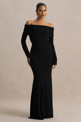 Cilla | Black Bardot-Neck Maxi Dress With Ruched Detailing