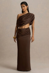Megan | Brown Satin Wrap Maxi-Skirt With Ruched Detailing