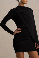 Celeste | Black Long-Sleeve Mini Dress With Cape Sleeve