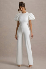 Dillon | White Puff-Sleeve Straight-Leg Jumpsuit