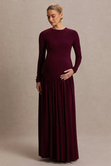 Monroe | Burgundy Crew-Neck Maternity Maxi Dress With Drop-Waist