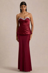 Milia | Burgundy Satin Hand-Embellished Strapless Corset Maxi Dress