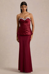 Milia | Burgundy Satin Hand-Embellished Strapless Corset Maxi Dress