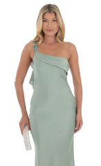 Satin One Shoulder Tassel Maxi Dress in Sage