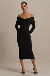 Spark | Black Bardot-Neck Midi Dress With Bow Detail