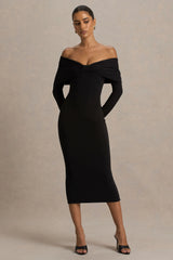 Spark | Black Bardot-Neck Midi Dress With Bow Detail
