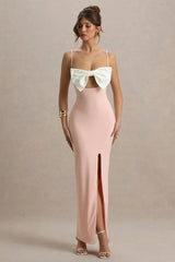 Emmalou | Pink & White Strappy Split Maxi Dress With Bow