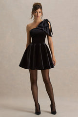 Keeley | Black Asymmetric-Neck Velvet Mini Dress With Bow Detail