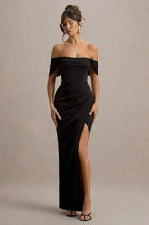 Annie | Black Satin Bardot Maxi Dress With Split Wrap Skirt