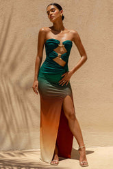 Laviza | Teal Ombre Print Strapless Cut-Out Wrap Maxi Dress