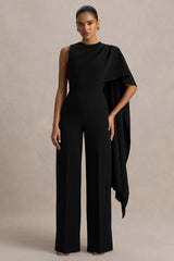 Sorenia | Black High-Neck Jumpsuit With One-Cape Sleeve