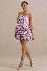 Swirl | Cream Floral Print Bandeau Puffball Mini Dress With Ruffle Detail