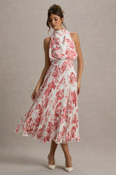 Nila | Pink Porcelain Print Cowl-Neck Midi Dress With Plisse Skirt