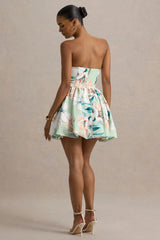 Georgie | Green Floral Print Sweetheart Puffball Mini Dress