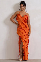 Full On | Orange V-Neck Ruffle Maxi Dress