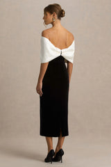 Twilight | Black And White Velvet Bardot-Neck Midi Dress With Oversized Bow