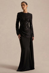 Beau | Black Lace High-Neck Maxi Dress With Draped Detail