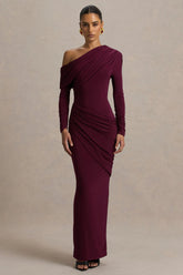 Perrie | Burgundy Asymmetric-Neck Maxi Dress With Ruched Detailing
