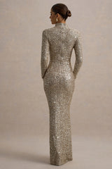 Galaxy | Champagne Sequin Turtle-Neck Long-Sleeve Maxi Dress