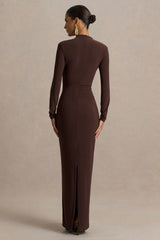 Zadie | Brown High-Neck Maxi Dress With Gathered-Detail