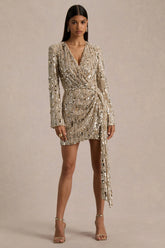 Carmina | Gold Sequin Plunge-Neck Wrap Mini Dress With Sash Detail