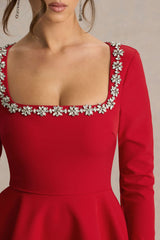 Astonish | Red Long-Sleeve Embellished Mini Dress With Volume Skirt