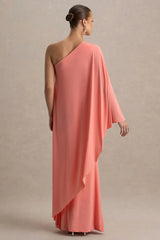 Waves | Coral Asymmetric Maternity Maxi Dress With One-Sleeve Cape
