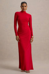 Alluring | Red High Neck Maxi Dress With Ruched Detailing