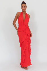 Libre Plunging Halter Ruffle Maxi Dress Red