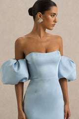 Imogen | Powder Blue Satin Short-Sleeve Bardot Midi Dress With Ruffle Detail