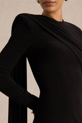 Zora | Black Crew-Neck Mini Dress With Knot And Sash Detail