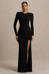 Liora | Black Crew-Neck Maxi Dress With Front-High Split