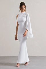 Samaya | White High-Neck Cape-Sleeve Maxi Dress
