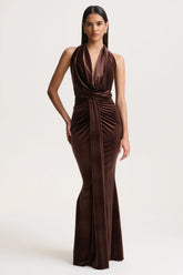 Lavernia | Brown Velvet Halter-Neck Maxi Dress With Gathered-Detailing