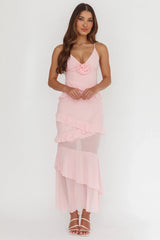 Marlie Frill Trim Rosette Maxi Dress Blush
