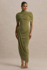 Enchant | Olive Asymmetric Twisted Cape Midi Dress