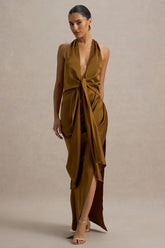 Lynette | Olive Satin Plunge-Neck Asymmetric Maxi Dress
