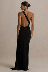 Bonnie | Black Asymmetric-Neck Maxi Dress With Ruched-Detailing