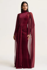 Adoring | Burgundy Velvet High-Neck Maxi Dress With Cape