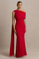 Zendaya | Red Asymmetric-Neck Fishtail Maxi Dress With Cape Detail