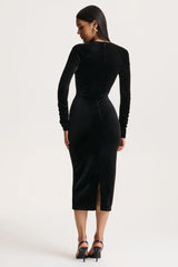 Francine | Black Velvet Round-Neck Midi Dress With Cut-Out Details