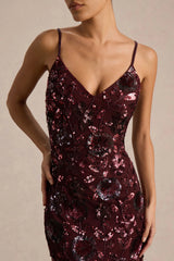 Gemini | Burgundy Floral Sequin Embellished Strappy Maxi Dress