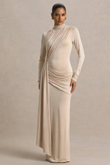 Romi | Champagne High-Neck Maxi Dress With Ruched Detailing