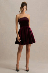 Mina | Burgundy Velvet And Satin Bandeau-Neck Skater Mini Dress