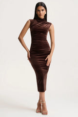 Novine | Brown Velvet High-Neck Midi Dress