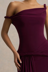 Tulisa | Burgundy Asymmetric-Neck Maxi Dress With Twist Sleeves And Ruched Detailing